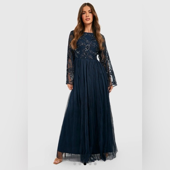 boohoo bridesmaid hand embellished dress Cream Bridesmaid Hand Embellished Long Sleeve Maxi